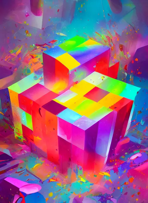 Prompt: a smooth cube being engulfed with extremely detailed splashes of colorful abstract paint, surreal, pascal blanche, artstation