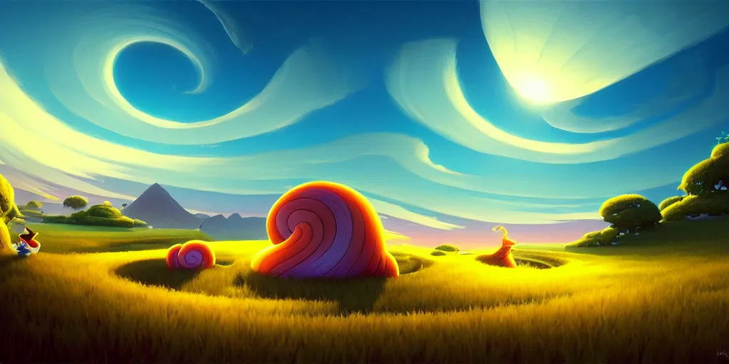 Prompt: nightly, spiral, naive nerikomi, weird perspective, extra narrow, detailed illustration, lit by flashlight, scenic spiral environment by rhads from lorax movie, trending artstation, fisheye, grass field night mountainous terrain, spiral smoky clouds