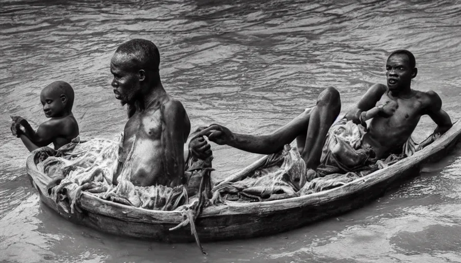 Image similar to movie still by djibril diop mambety of a man in a barque made of flesh on a blood river, leica sl 2, heavy grain, high quality, high detail