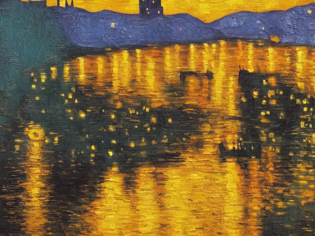 Image similar to trending on artstation, a beautiful German castle next to a river during sunset, oil on canvas, in the style of Vincent van Gogh