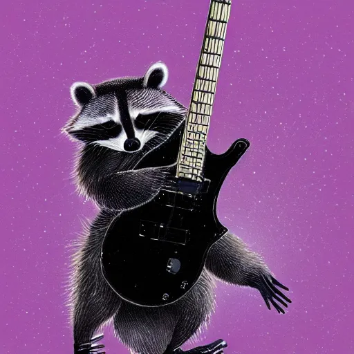 Prompt: a raccoon playing electric guitar, artstation, digital art