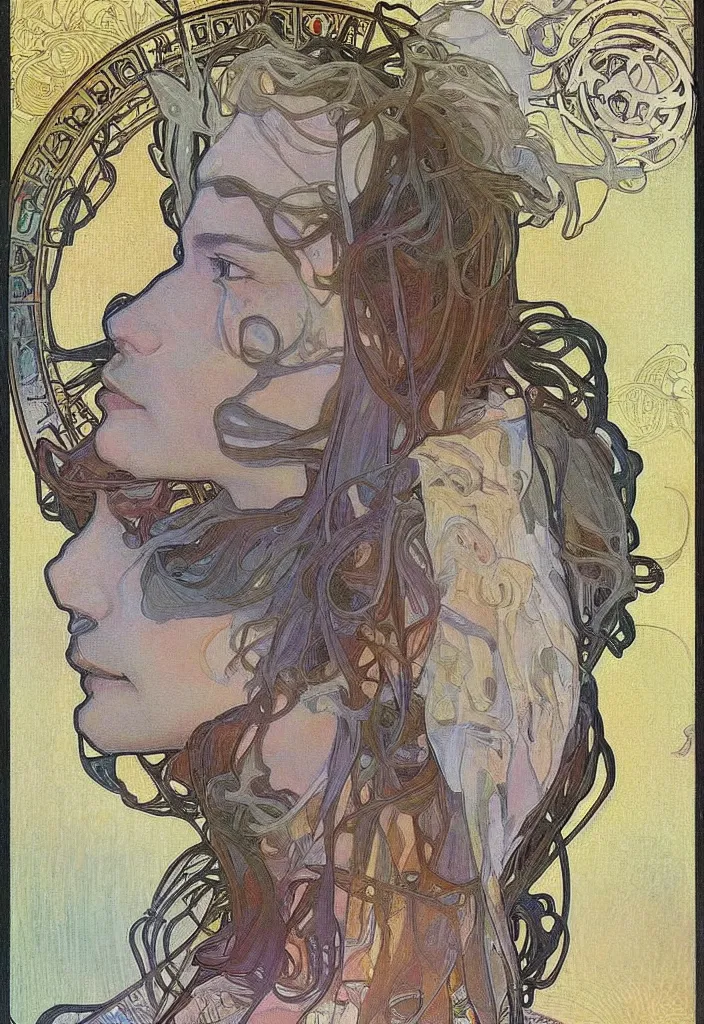 Image similar to realistic white - haired geoffrey hinton in a crown with neural networks on a tarot card, tarot in art style by alphonse mucha