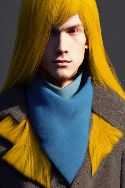 Image similar to a male teenager with long blue hair and yellow eyes wearing a winter overcoat, hyperrealistic, concept art, octane render, unreal engine 5, trending on artstation, high quality, 8 k, highly detailed, digital art, anatomically correct, symmetrical, realistic and defined face, profile picture, high coherence, path traced, beautiful, elegant clothes