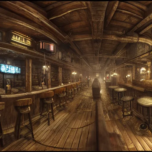 Prompt: Realistic Interior Concept design of very very very highly detailed Tavern in Mixed style of Medieval and in style of Cyberpunk, Many details by Hiromasa Ogura. More cyberpunk less Medieval. Panorama 360 degrees Rendered in unreal engine 5, artstationHD, 4k, 8k, 3d render, 3d Houdini, cinema 4d, octane RTX volumetric natural light