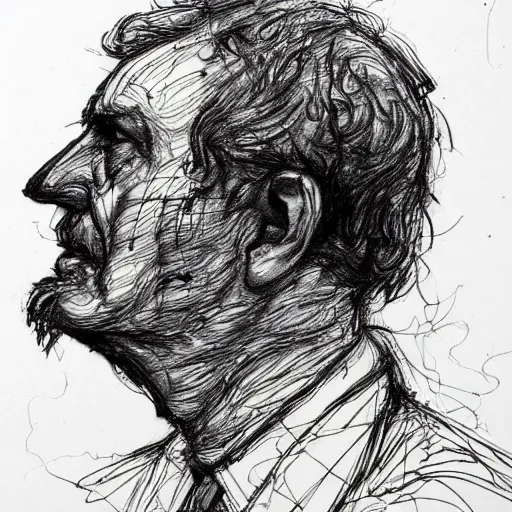 Prompt: a realistic yet scraggly portrait sketch of the side profile of a stern and sophisticated gigavirgin, trending on artstation, intricate details, in the style of frank auerbach, in the style of sergio aragones, in the style of martin ansin, in the style of david aja, in the style of mattias adolfsson