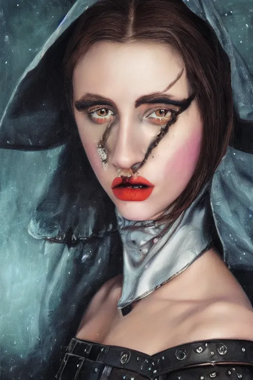 Image similar to hyperrealism oil painting, close - up portrait of european medieval brunette vampire fashion model, knight, steel gradient mixed with nebula sky, in style of baroque