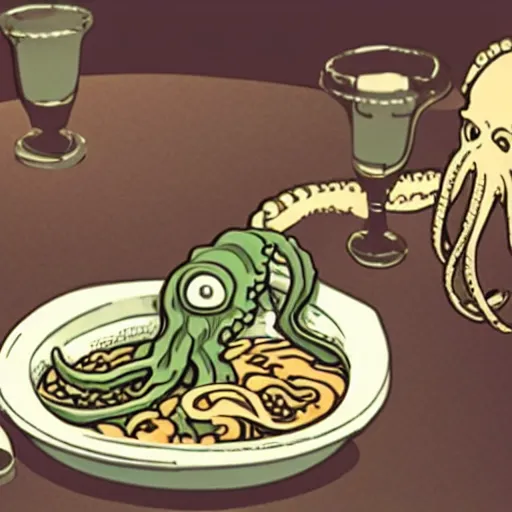 Image similar to photo of Cthulhu (from Lovecraft) sitting at table holding its tentacle over a bowl of ramen