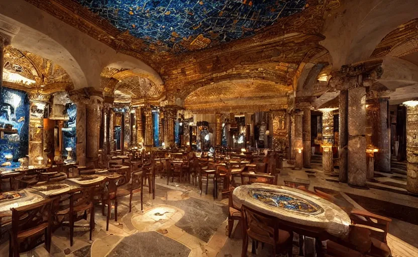 Image similar to interior of an atlantis themed restaurant, ancient greek style, mosaics, pillars, marble, golden details, tables, atmospheric lighting