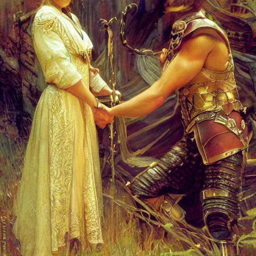 Image similar to attractive arthur pendragon confesses his love to attractive male merlin. highly detailed painting by gaston bussiere, craig mullins, j. c. leyendecker 8 k