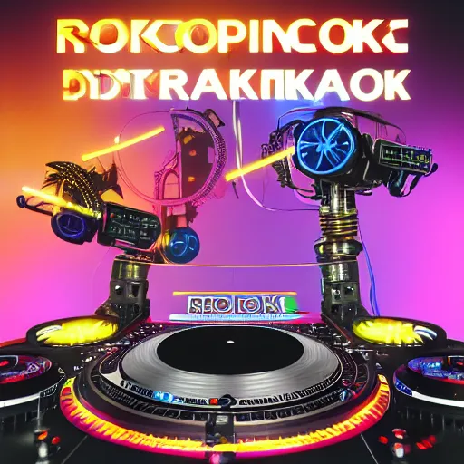 Image similar to album art, text : roborock, 3 steampunk robot drones with robot arms on a dj desk with a cd mixer, 8 k, flourescent colors, halluzinogenic, multicolored, exaggerated detailed, front shot, 3 d render, octane