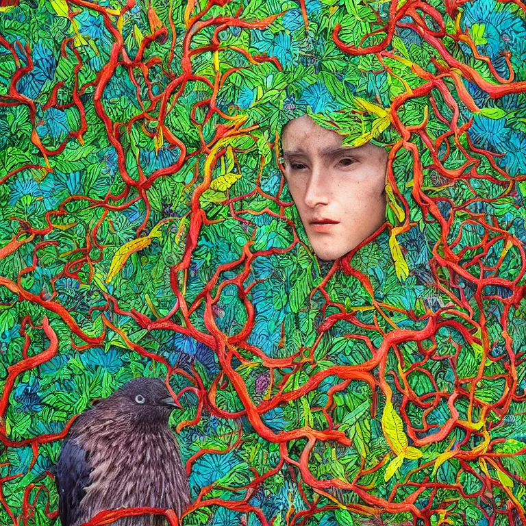 Image similar to human with the sea and the forest inside, veins diverge through the body like rivers filmed on a satellite, a person is decorated with wild berries, a beautiful bird is looking at him next, colorful picture