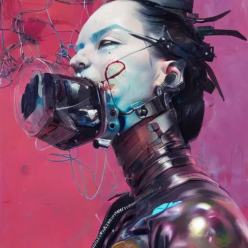 Prompt: grinning woman in a vr headset wearing leather outfit, dynamic energic pose, cyberpunk in the style of adrian ghenie, esao andrews, jenny saville, surrealism, dark art by james jean, takato yamamoto