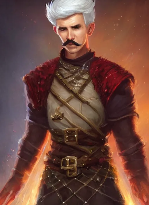 Image similar to young man with short white hair and moustache, dndbeyond, bright, colourful, realistic, dnd character portrait, full body, pathfinder, pinterest, art by ralph horsley, dnd, rpg, lotr game design fanart by concept art, behance hd, artstation, deviantart, hdr render in unreal engine 5