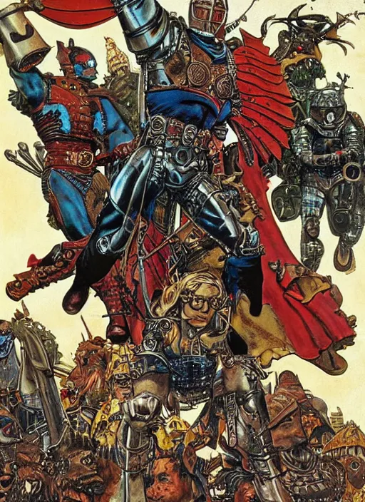 Prompt: a griffin in metal and leather armour lands in a new york plaza, by norman rockwell and jason fabok and tom lovell and frank schoonover and jack kirby and alex ross
