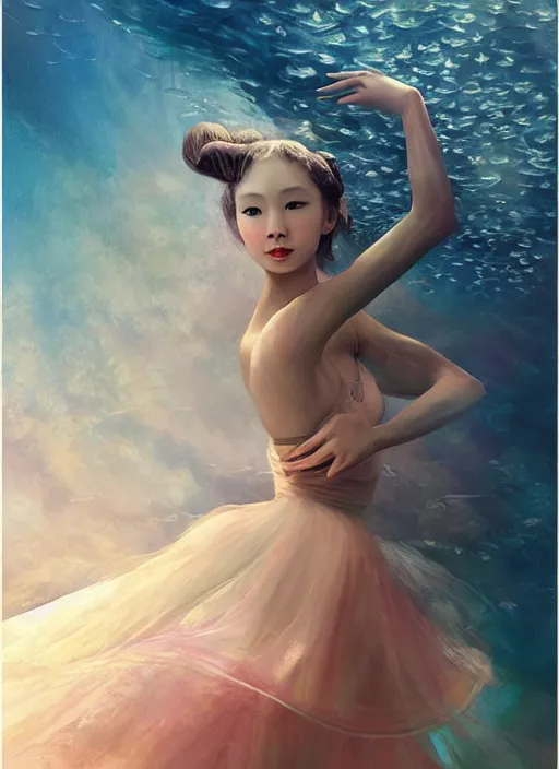 Prompt: stunningly beautiful, asian prima ballerina at the bottom of the great barrier reef, smooth, focus, highly detailed, hyper realistic, dramatic lighting, elegant, intricate, concept art, art by wlop, mars ravelo, greg rutowski