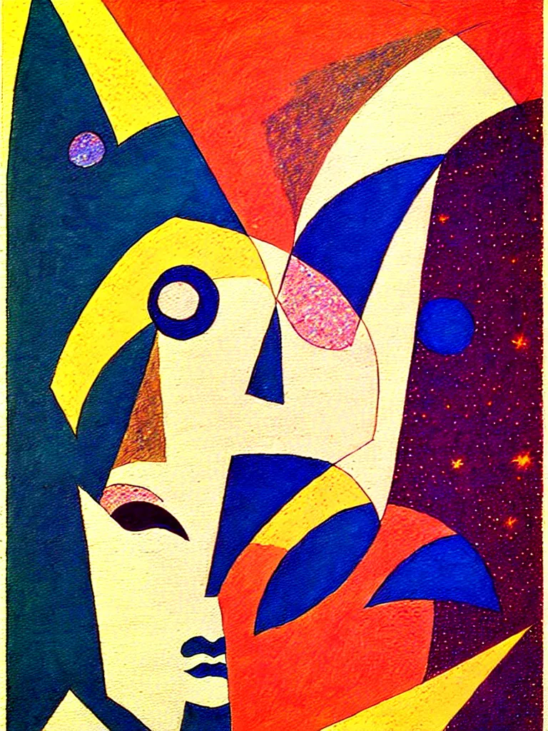 Prompt: pretty painting by kazimir malevitch suprematism moebius comics + beautiful realistic face in the middle, muted colors with glitter