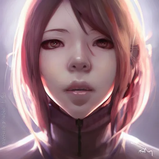 Image similar to anime girl a mouth a bit open, two eyes half closed and half a smile on her soul makes a beautiful portrait on the wall. by artgerm, alina ivanchenko, ruan jia and mandy jurgens