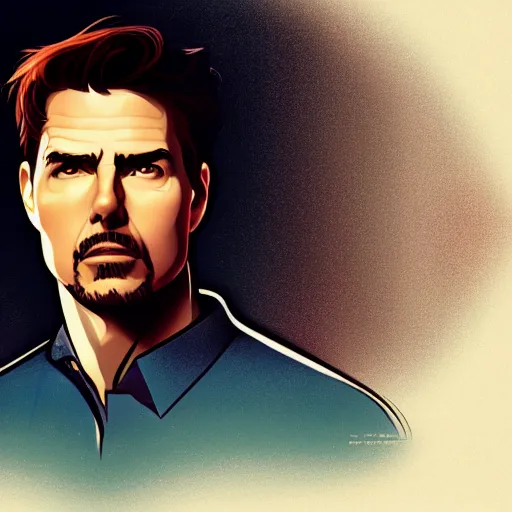 Image similar to Tom Cruise as an intense Tony Stark, ambient lighting, 4k, alphonse mucha, lois van baarle, ilya kuvshinov, rossdraws, artstation