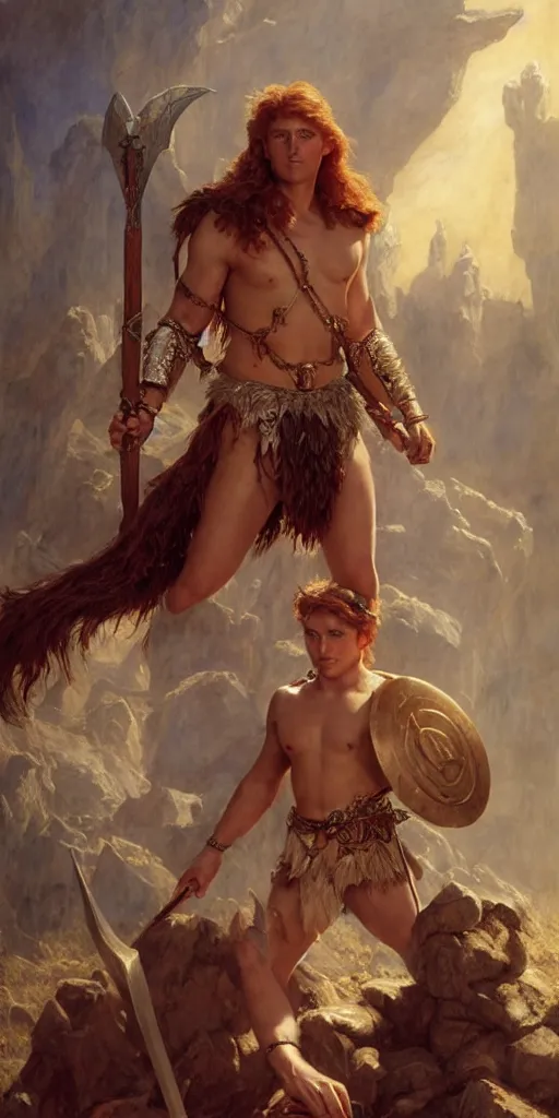 Image similar to a young kirk douglas as a barbarian, beautiful fantasy maiden, dungeons and dragons, masterpiece by edgar maxence and ross tran and michael whelan, gustav dore, 8 k, octane render