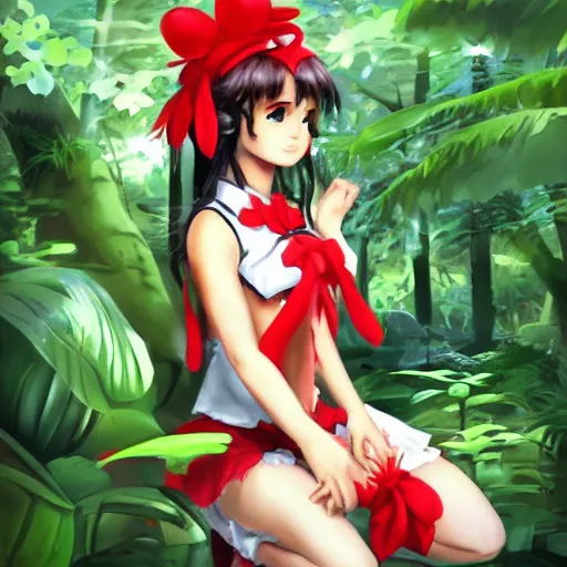 Prompt: a imaginefx artstation of reimu in the jungle wearing bonnet