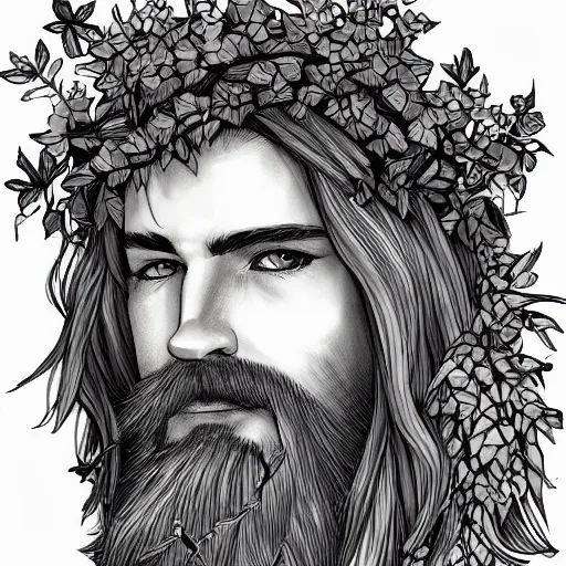 Prompt: male firblog druid with vines as hair flower in his hair detailed drawing