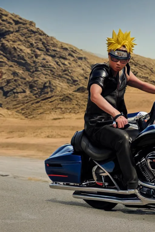 Image similar to photograph of naruto riding a harley davidson motorcycle down a desert highway