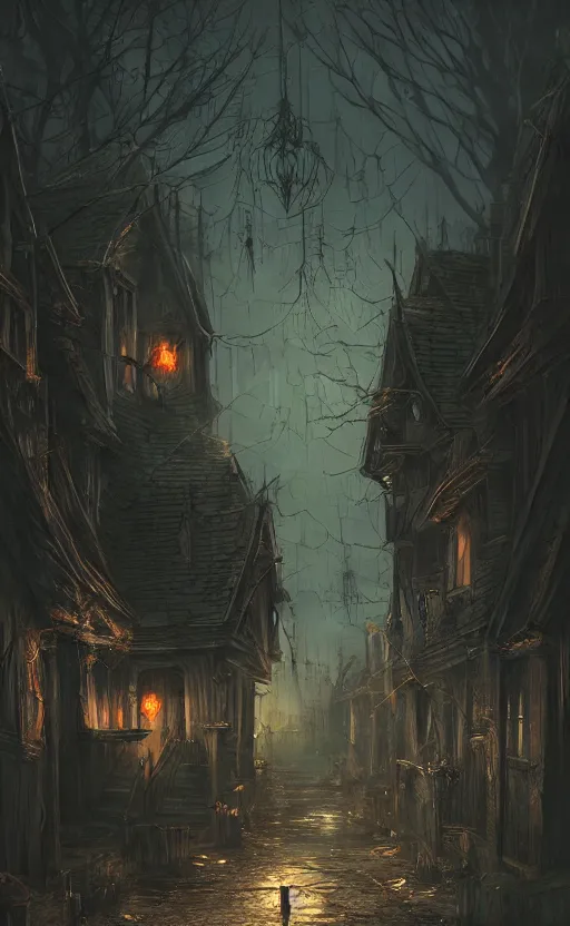 Image similar to dark fantasy concept art of a neighbour hood view at night of a halloween decorated street, dynamic lighting, photorealistic, cinematic, ultra detailed, trending on art station, creepy, lonely vibe, stunning visuals, extreme detail, eery vibe