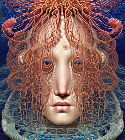 Image similar to hyperrealistic detailed underwater face portrait of the beautiful god of the jellyfish with an intricate headgear of corals, sea kelp, sea plants, fish, starfish, jellyfish, art by ernst haeckel, victor ngai, john william godward, android jones, neo - gothic - cyberpunk, ornamental, beautiful deep colours,