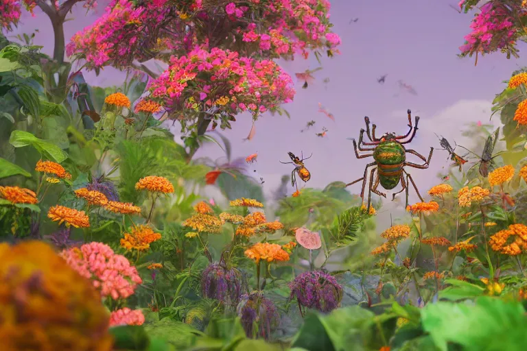 Image similar to super detailed color art, a lot of small garden flowers, A multiverse of insects, spiders and dragonflies, unreal engine, wes anderson color palette, 3d render, colorful, digital art