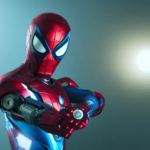 Image similar to a single iron man and spider - man hybrid, dslr, polaroid, cinematic, volumetric lighting