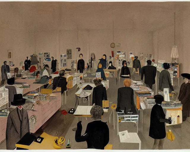 Image similar to the horror of beaurocracy, papers, horror, desks, office, waiting, stress, frustration, anger, crowded, harsh cinematic lighting, high qulity, 4 k, by charles addams and hilma af klint and affandi