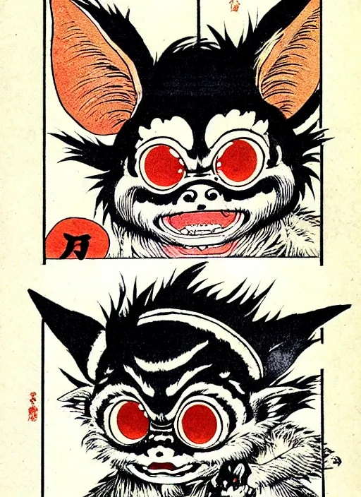 Image similar to a mogwai from gremlins ( 1 9 8 4 ) as a yokai illustrated by kawanabe kyosai and toriyama sekien