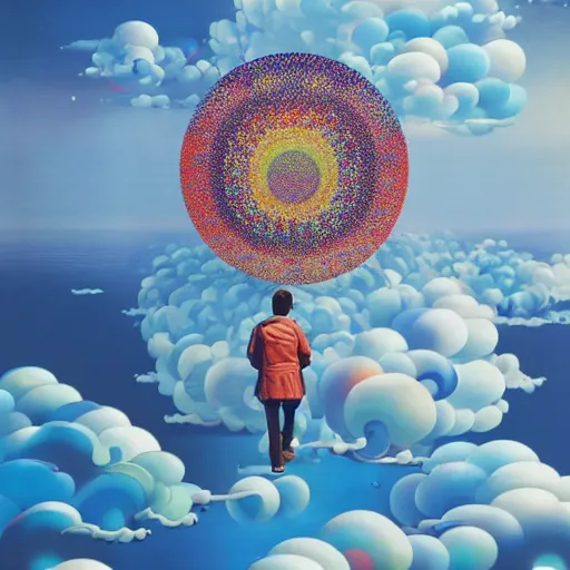 Image similar to a man walking on clouds away from the camera above kyoto by takashi murakami, beeple and james jean, aya takano color style, 4 k, super detailed, modern, 4 k, symmetrical