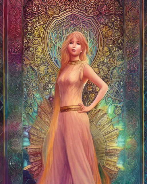 Image similar to jennifer lawrence in front of an big open quran highly detailed, gold filigree, romantic storybook fantasy, soft cinematic lighting, award, disney concept art watercolor illustration by mandy jurgens and alphonse mucha and alena aenami, pastel color palette, featured on artstation