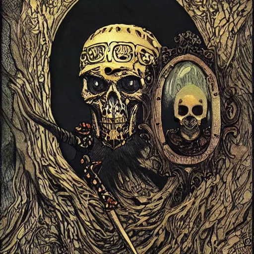 Prompt: portrait of skull with viking helmet and glowing eyes by rebecca guay, yoshitaka amano