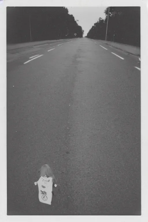 Image similar to photo polaroid of a sad and lonely child in the middle of a road with field hospitals , field hospitals, pandemic, loneliness, black and white ,photorealistic, 35mm film,