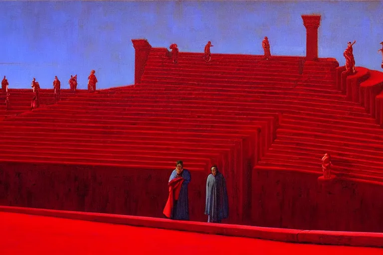 Image similar to only with red, a red great emperor, taormina amphitheatre, crowd with big smile, in the style of beksinski, parts by edward hopper, parts by rodcenko, parts by yue minjun, intricate and epic composition, red by caravaggio, insanely quality, highly detailed, masterpiece, red light, artstation, 4 k