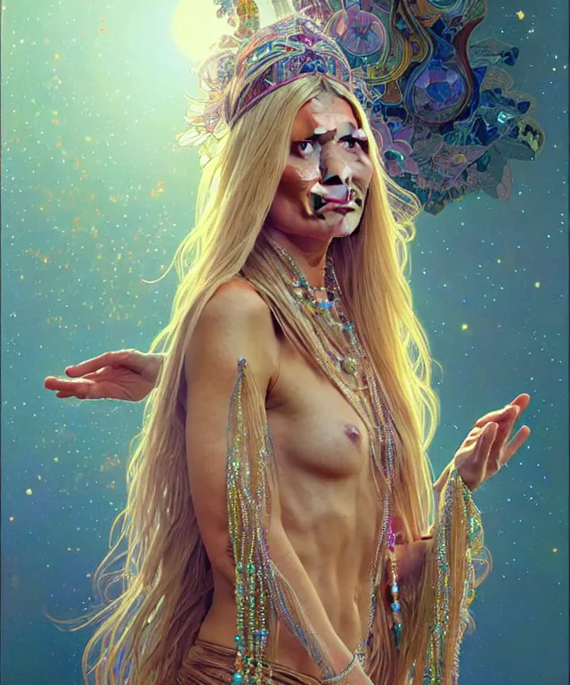 Image similar to Gwyneth Paltrow as a meditating new age hippie with beads and crystals, portrait, intricate, elegant, highly detailed, digital painting, artstation, concept art, smooth, sharp focus, illustration, art by artgerm and greg rutkowski and alphonse mucha