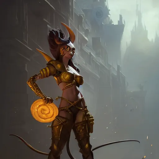 Prompt: a female rat girl with seductive smile, wears a chees armor, by greg rutkowski, design for magic the gathering, highly detailed, octane render, 4 k