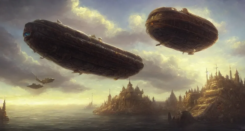 Image similar to landscape an ancient floating fantasy city in the sky and an singular fantasy airship flying towards it andreas rocha