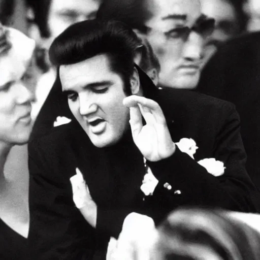 Prompt: elvis presley waving hello at a funeral,