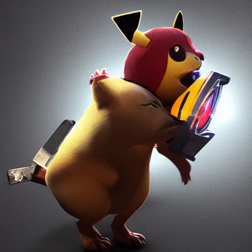 Prompt: 3 d modeled 3 d rendering with specular pbr material of realistic pikachu as a playable character in the videogame dead by daylight holding a chainsaw, pc gpu fov settings, videogame screenshot of pikachus mori animation, dark lighting and heavy fog, playstation 2 graphics