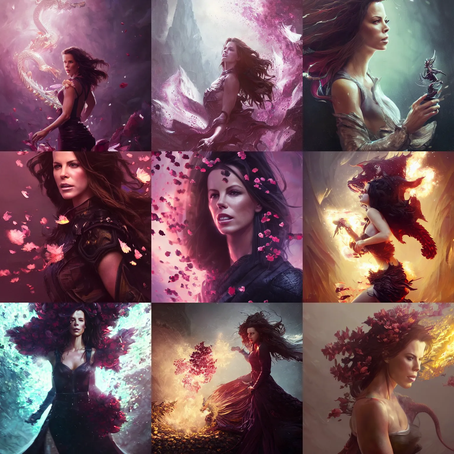 Prompt: kate beckinsale taking off trophy head from the dragon, floral explosion, radiant light, vortex of plum petals, oil painting, Tooth Wu, Greg Rutkowski, RPG portrait, dynamic lighting, fantasy art, High contrast, depth of field