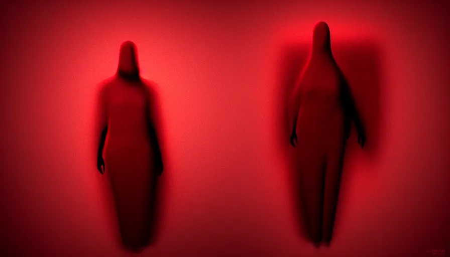 Image similar to enigmatic figure wrapped in red sheet in darkness, high contrast, hard light, digital art, rendering, cloth simulation, redshift