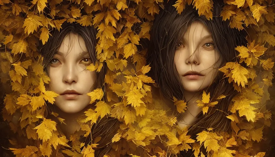 Image similar to golden leaves at frame border, creative!!! composition for a book cover!!!, absurdly beautiful, ultrafine hyperrealistic detailed old!! witch face by wlop and artgerm and greg rutkowski, intricate linework, sharp focus, smooth, octopath traveler, final fantasy, unreal engine, dramatic lighting, ethereal, 8 k