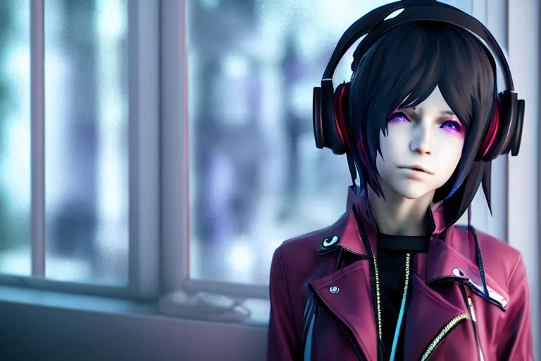 Image similar to a girl with headphones is looking at a rainy window in the style of a code vein character creation, cyberpunk art by Yuumei, cg society contest winner, rayonism light effects and bokeh, daz3d, vaporwave, deviantart hd , the secret world