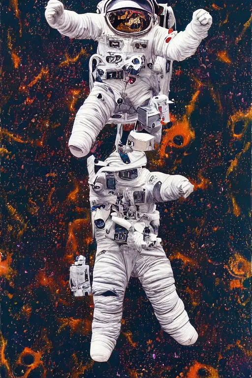 Prompt: a beautiful glitched painting by robbie trevino of a cosmonaut in space suit falling into a dark abyss