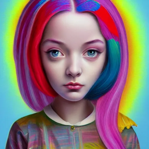 Image similar to an intelligent beautiful young girl with rainbow hair looking at the camera, she has a cute face, intricate, elegant, highly detailed, digital painting, artstation, concept art, smooth, sharp focus, illustration, art by mark ryden and lucian freud 3 d 8 k ultra detailed