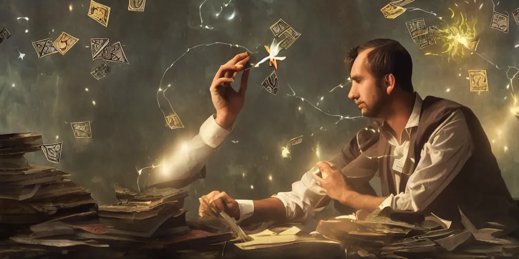 Image similar to male accountant examining the mysteries of tarot cards flying everywhere, magic everywhere, matte painting, high quality