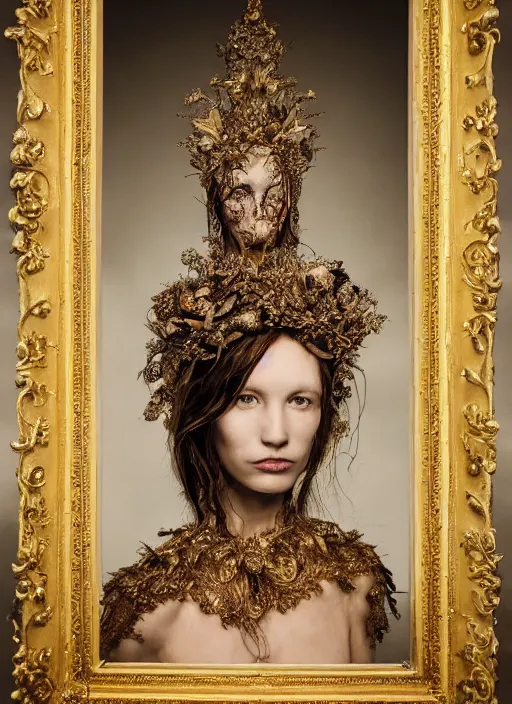 Prompt: a portrait of elizabeth cuthbert by stefan geselle and nekro borja, photorealistic, intricate details, hyper realistic, fantasy, elegant, baroque gold headpiece, photorealistic, canon r 3, photography, wide shot, symmetrical features, symmetrical pose, wide angle shot, head to toe, standing pose, feet on the ground, wearable art